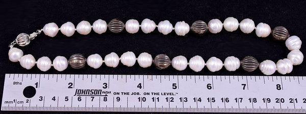 Fun Collar Style Necklace w/ Real Ridged Pearls and Silvery Beads