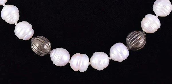 Fun Collar Style Necklace w/ Real Ridged Pearls and Silvery Beads