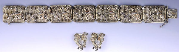 Chic 1950s/60s Sterling Silver Bracelet and Clip Earrings w/ Marcasite