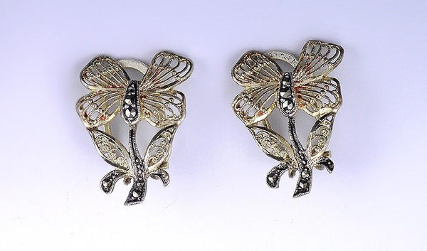 Chic 1950s/60s Sterling Silver Bracelet and Clip Earrings w/ Marcasite