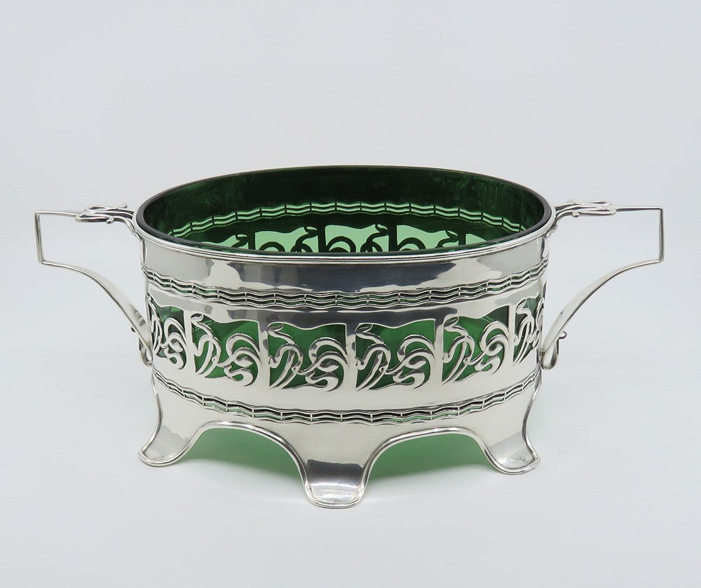 Stunning 1902 English Sterling Silver Green Glass Art Nouveau Centerpiece Bowl