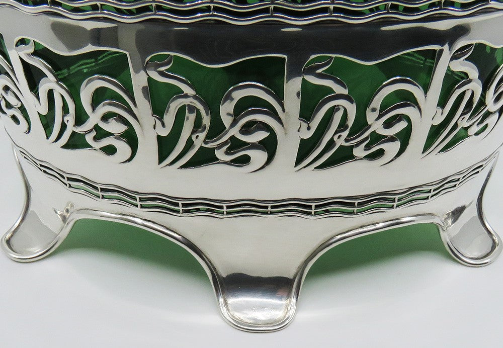 Stunning 1902 English Sterling Silver Green Glass Art Nouveau Centerpiece Bowl