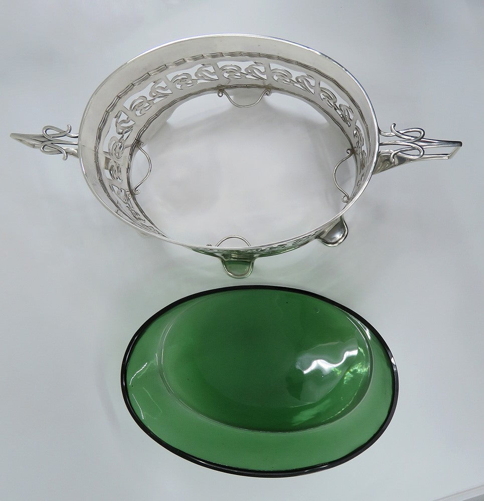 Stunning 1902 English Sterling Silver Green Glass Art Nouveau Centerpiece Bowl