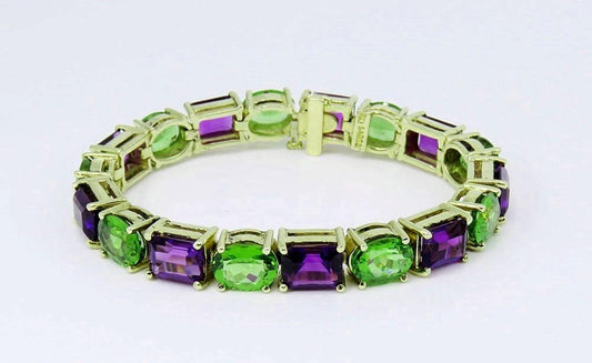 Designer A Sarosi 14K Yellow Gold 22Ct Amethyst 23Ct Peridot Gemstone Bracelet