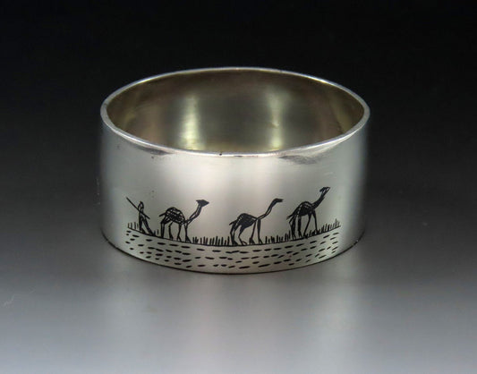 Middle Eastern Silver Napkin Ring Engraved "Guest" Enamel Painted Scenes