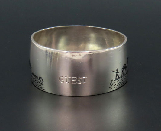 Middle Eastern Silver Napkin Ring Engraved "Guest" Enamel Painted Scenes