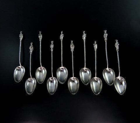 10 Antique Chinese Silver Figural Handles Demitasse Coffee Spoons 4 1/2"