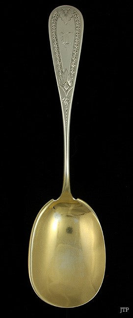 Antique 1850s American Coin Silver Gold Wash Bright Cut Berry Serving Spoon