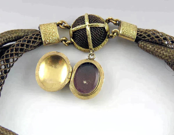 Finest Antique c1840 Victorian Mourning Memorial Hair 14K Gold Locket Bracelet