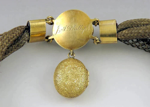 Finest Antique c1840 Victorian Mourning Memorial Hair 14K Gold Locket Bracelet