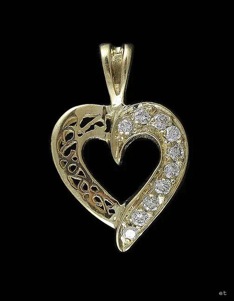 Pretty 14k Yellow Gold & Diamond Heart Filigree Openwork Pendant Modern