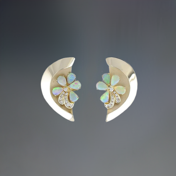 Delightful Pair 14k Yellow Gold Opal & Diamond Flower Design Earrings