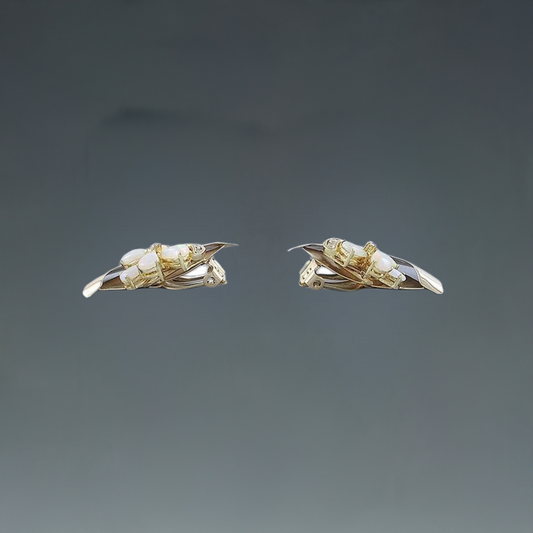 Delightful Pair 14k Yellow Gold Opal & Diamond Flower Design Earrings