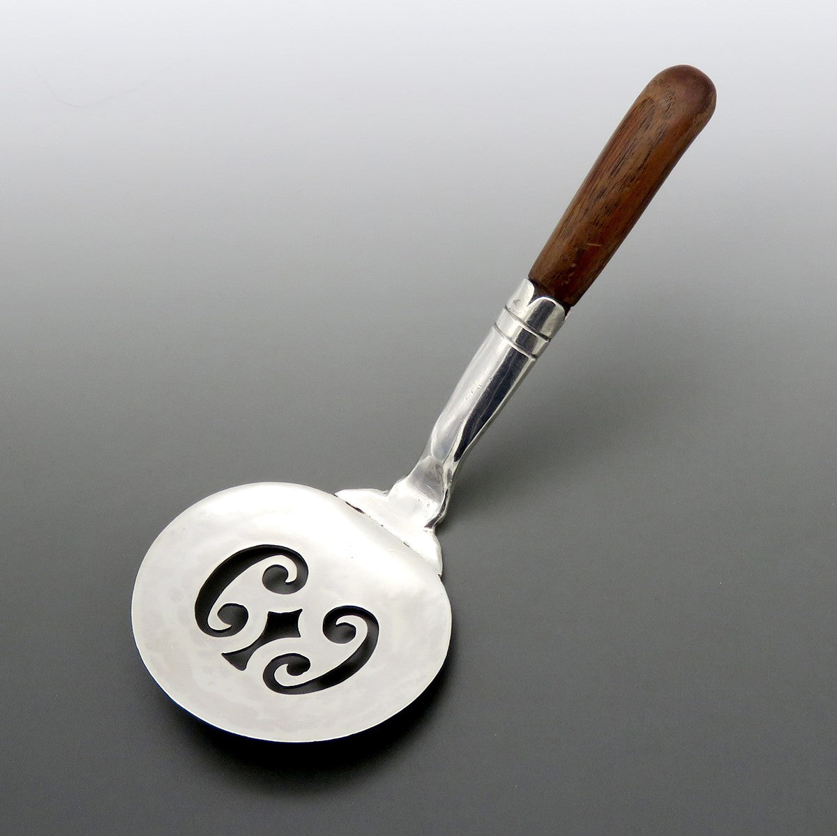 Small Sterling Silver Pierced Server Hammered w/ Wooden Handle 4 3/4 in