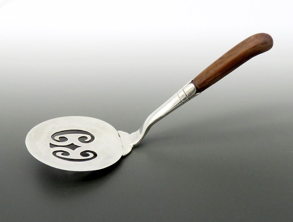 Small Sterling Silver Pierced Server Hammered w/ Wooden Handle 4 3/4 in