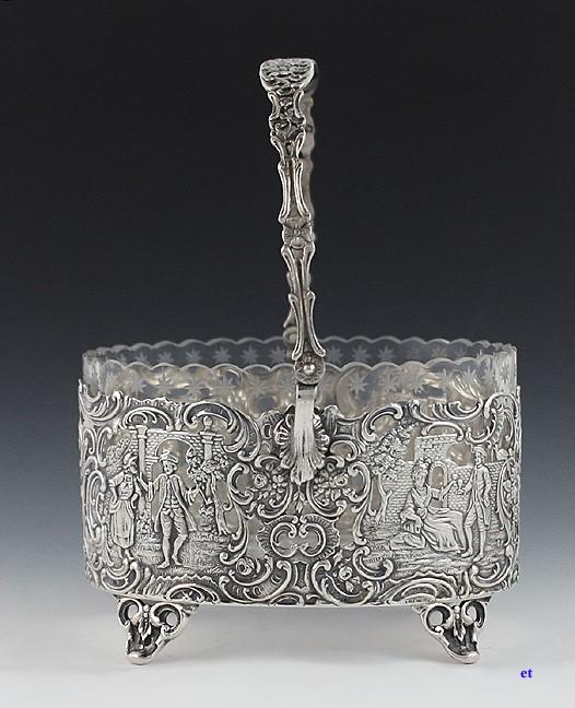 Antique 19th Century Art Nouveau German Openwork Silver Glass Liner Basket Dish
