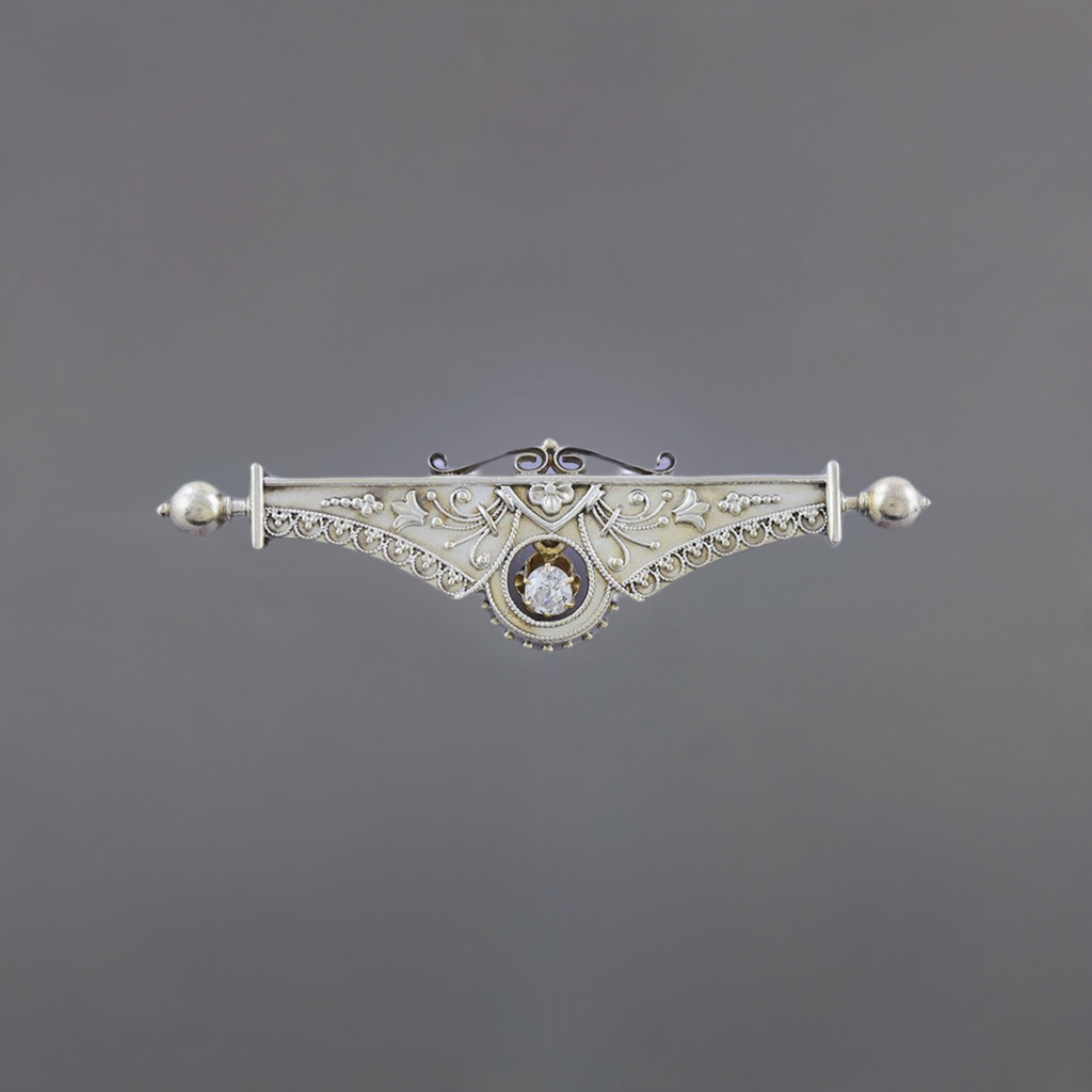 Stunning Victorian Etruscan Revival 14k Gold & Diamond Bar Pin / Brooch