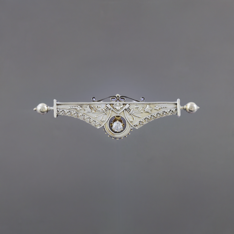 Stunning Victorian Etruscan Revival 14k Gold & Diamond Bar Pin / Brooch