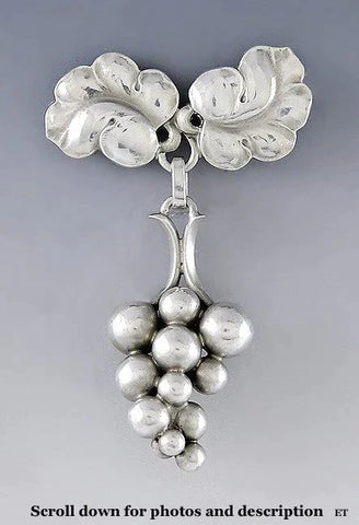 Sweet Georg Jensen Sterling Silver No 217 Leaf Grape Dangling Brooch Pin