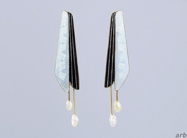 Retro 24k Vermeil Sterling Silver Shashi Handmade Pearl Enamel Drop Earrings