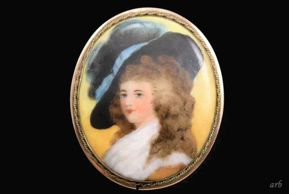 Attractive Antique Portrait On Porcelain Pin w/ Girl and Fancy Hat