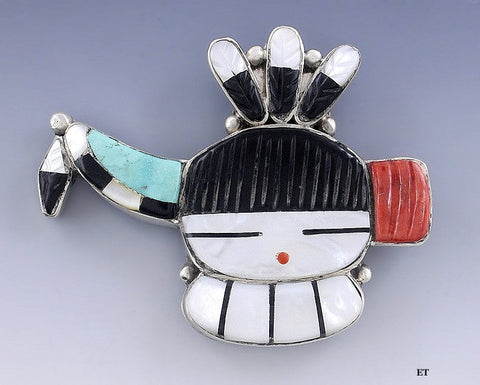 Zuni Native American Sterling Silver & Stone Inlay Kachina Mask Pin/Pendant