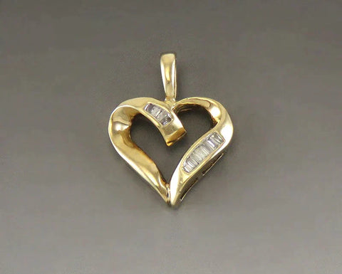 Lovely 10K Yellow Gold & Marquise Diamond Openwork Heart Necklace Pendant