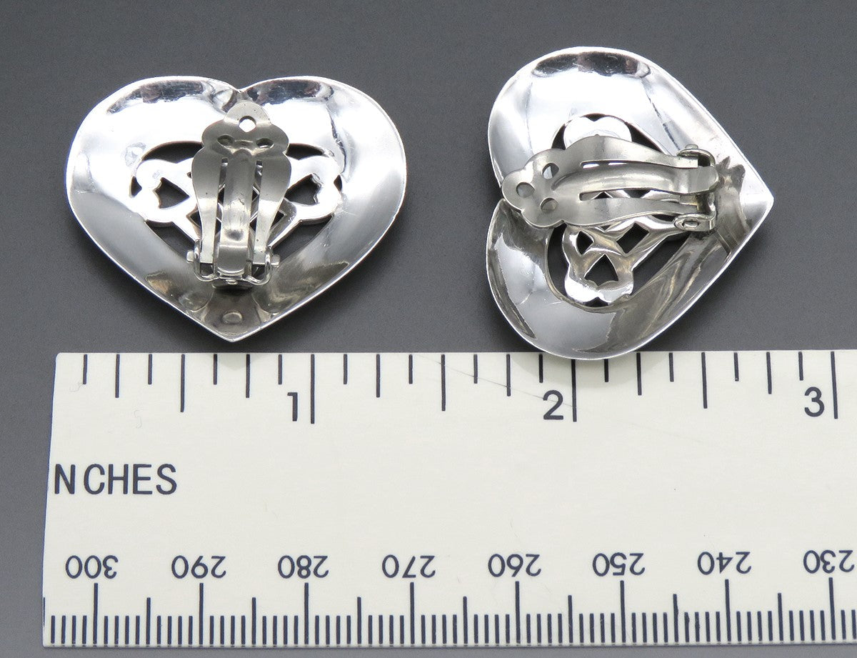 Vintage Sterling Silver Openwork Braided Woven Center Love Heart Clip Earrings