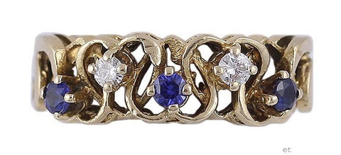 Lovely 14k Yellow Gold Diamond & Sapphire Ring Modern Woven Heart Design