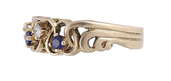 Lovely 14k Yellow Gold Diamond & Sapphire Ring Modern Woven Heart Design