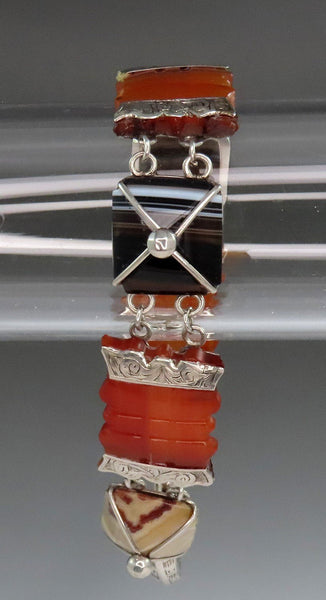 c1860s Victorian Scottish Sterling Silver Striated Agate Carnelian Bracelet