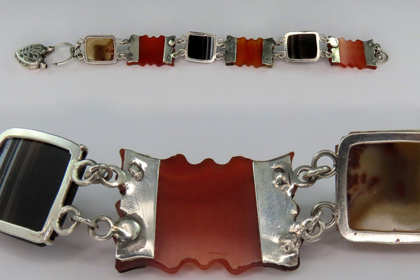 c1860s Victorian Scottish Sterling Silver Striated Agate Carnelian Bracelet