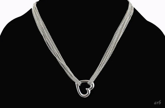 Lovely Sterling Silver 8-Strand Necklace w/ Open Heart Pendant 17 Inches