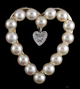 Pretty 14k Yellow Gold Pearl Diamond Heart Pin Brooch