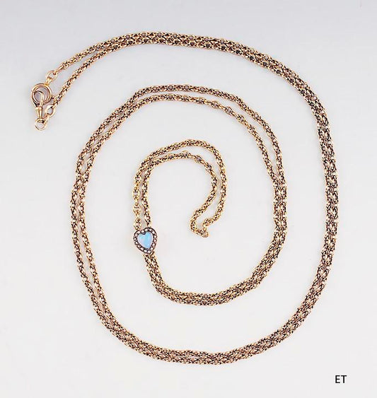 Gorgeous c1900 14k Rose Gold Chain w/Opal & Pearl Heart Slider