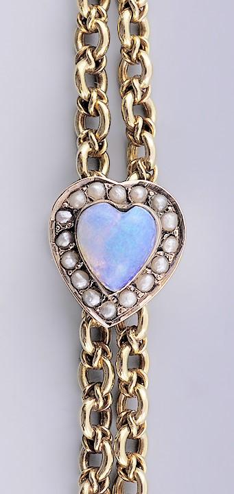 Gorgeous c1900 14k Rose Gold Chain w/Opal & Pearl Heart Slider