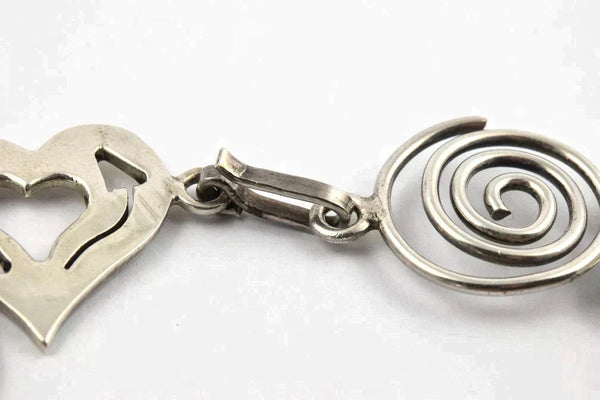 Charming Vintage Sterling Silver Mexican Bracelet w/ Hearts and Spirals