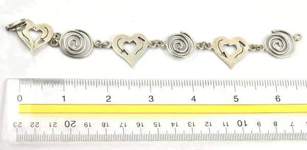 Charming Vintage Sterling Silver Mexican Bracelet w/ Hearts and Spirals