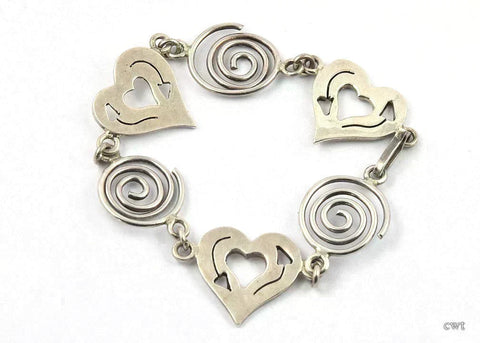 Charming Vintage Sterling Silver Mexican Bracelet w/ Hearts and Spirals