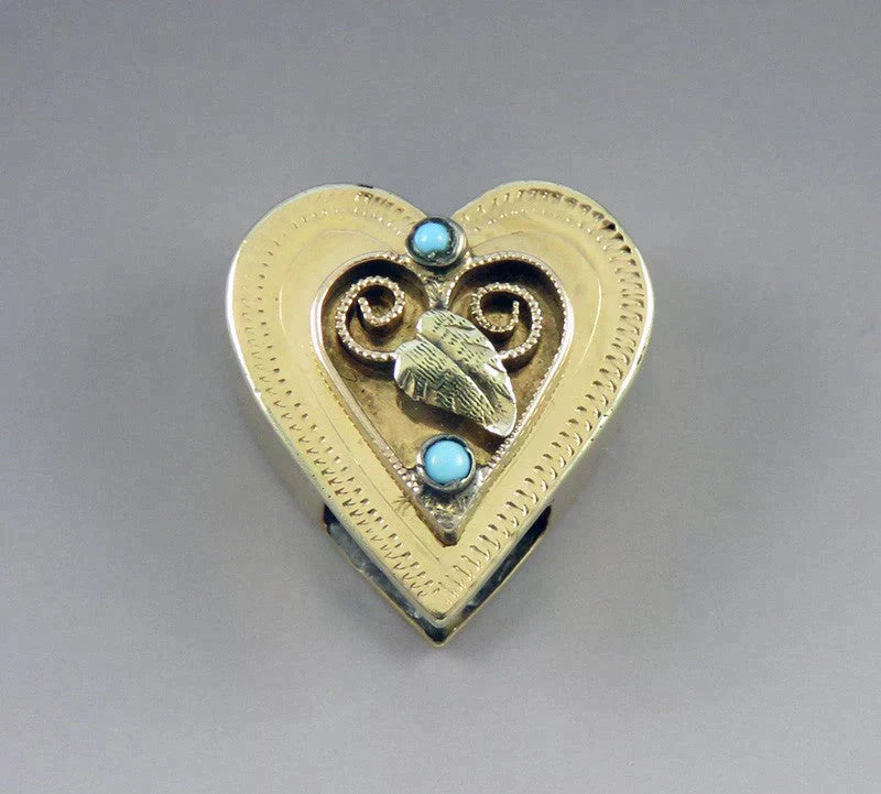 Antique American Victorian 10K Yellow Gold Turquoise Heart Leaf Slider Charm