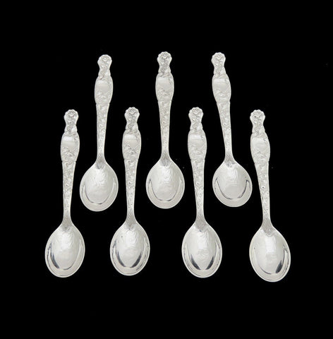 Rare Set 7 Whiting Sterling Silver Heraldic Demitasse Coffee Spoons No Mono