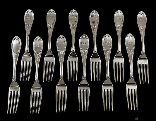 12 Antique Gorham c1855 Olive Pattern Coin Silver Forks 7"