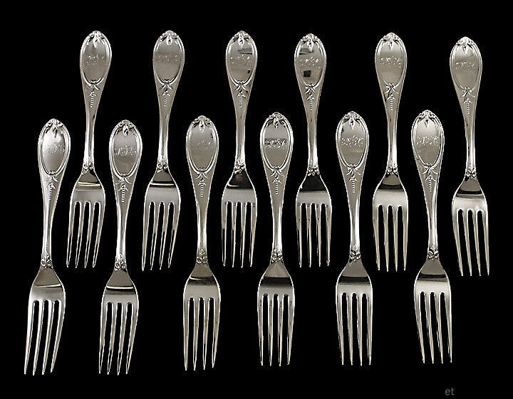 12 Antique Gorham c1855 Olive Pattern Coin Silver Forks 7"