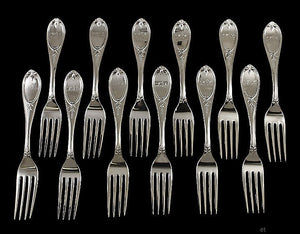 12 Antique Gorham c1855 Olive Pattern Coin Silver Forks 7"