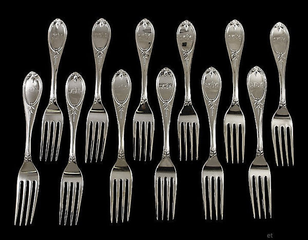 12 Antique Gorham c1855 Olive Pattern Coin Silver Forks 7"
