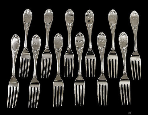 12 Antique Gorham c1855 Olive Pattern Coin Silver Forks 7"
