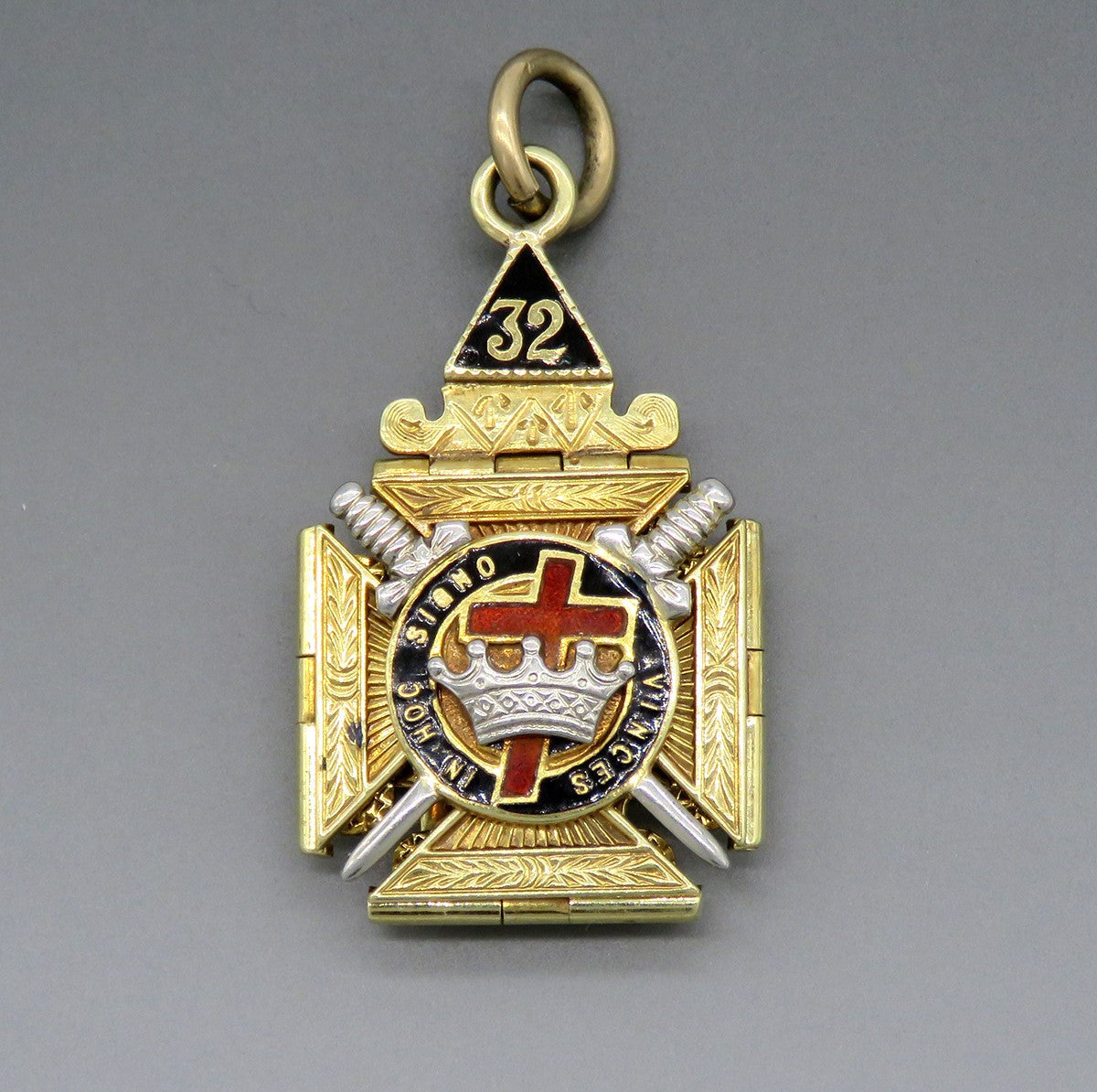 RARE c1890 14k Gold Freemason Masonic 32 Degree Scottish Rite 4 Fold Fob Pendant