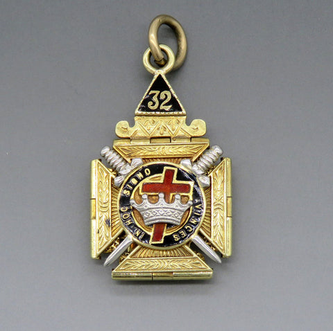 RARE c1890 14k Gold Freemason Masonic 32 Degree Scottish Rite 4 Fold Fob Pendant