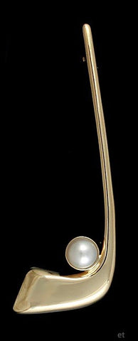 18k Yellow Gold Pearl Field Hockey Stick And Ball Pin Brooch