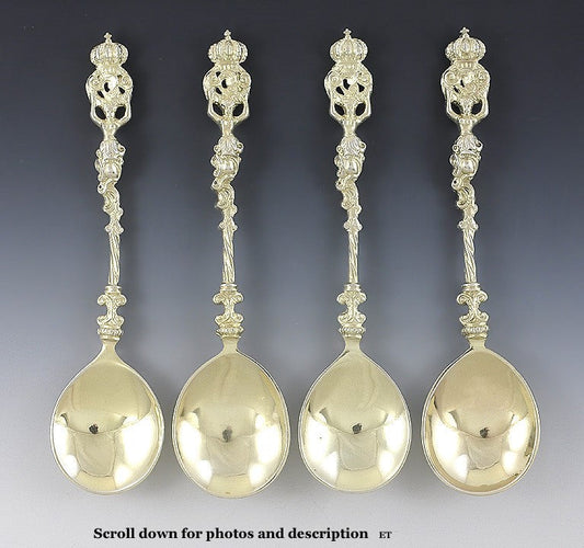 4 Antique Art Nouveau Gilt German Silver Crown Apostle Style Spoons